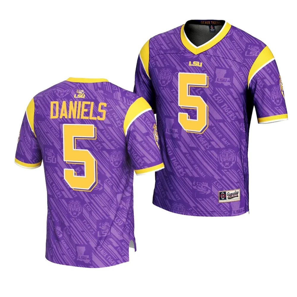 Men's LSU Tigers Jayden Daniels #5 Purple Highlight Print Fashion NCAA Football Jersey